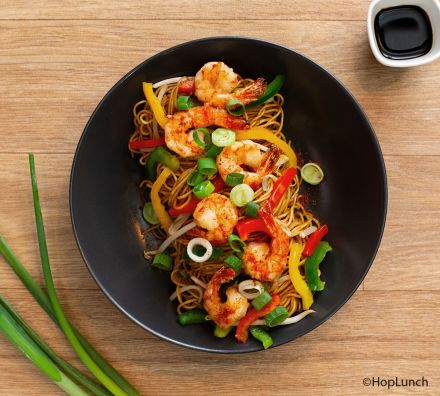 Le soleil : crevettes & nouilles chinoises aux légumes
